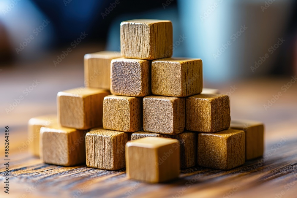 Poster building success: a stable pyramid of wooden blocks on a rustic table, symbolizing growth, strategy,