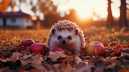 Obraz premium Cute Hedgehog in Autumn Setting with Apples on Leaf-Covered Ground