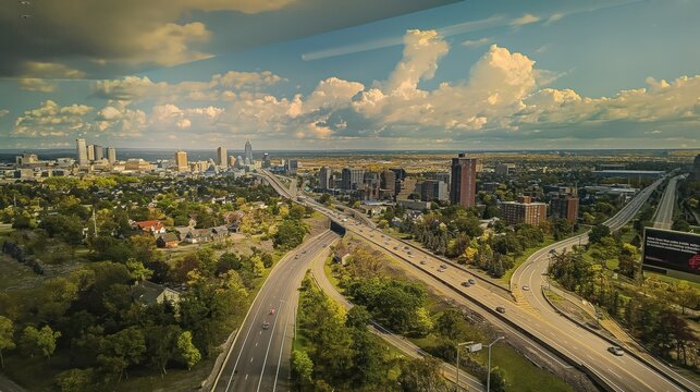Aerial view of Hamilton cityscape with highway display. Skyscrapers, residential areas, downtown buildings stand tall along Lake Ontario coast. Urban architecture, road infrastructure on display. - Powered by Adobe