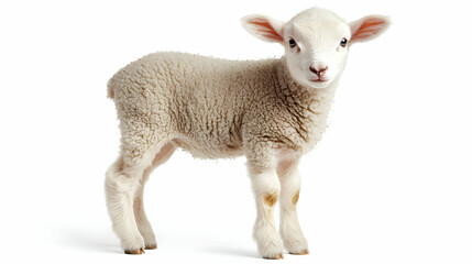 Naklejka premium Cute Little Lamb Standing on White Background - Photo