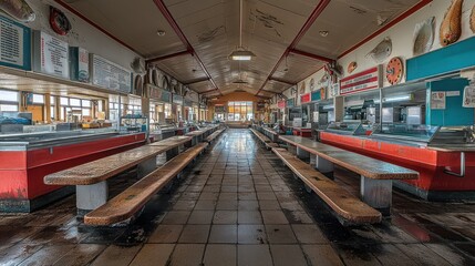 A spacious interior of a food market with benches and food displays.