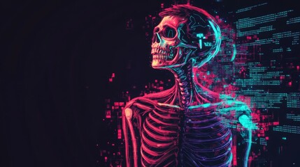 Obraz premium Digital rendering of a human skeleton with neon lighting.