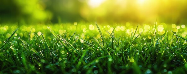 A close-up of vibrant green grass, each blade glistening with morning dew, set against a softly blurred garden backdrop. The rich, lush texture of the grass contrasts beautifully with the