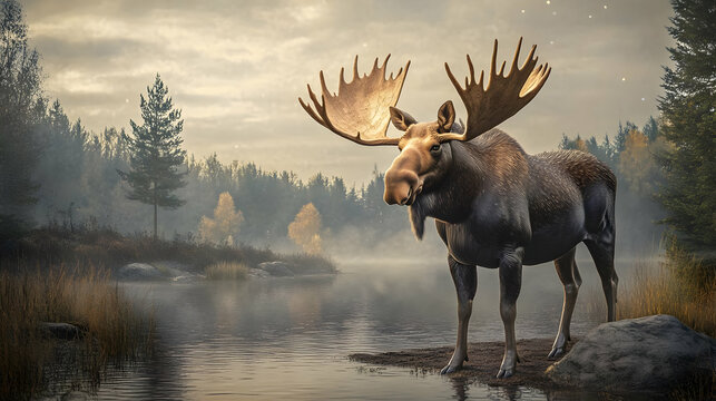 Moose in a Foggy Forest 3D Illustration