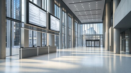 Modern lobby with large windows and digital displays, designed for business operations.