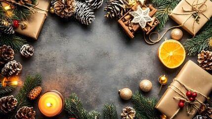 Flat lay arrangement of Christmas-themed items with generous negative space for text or logo placement. Ideal for seasonal marketing and promotional designs