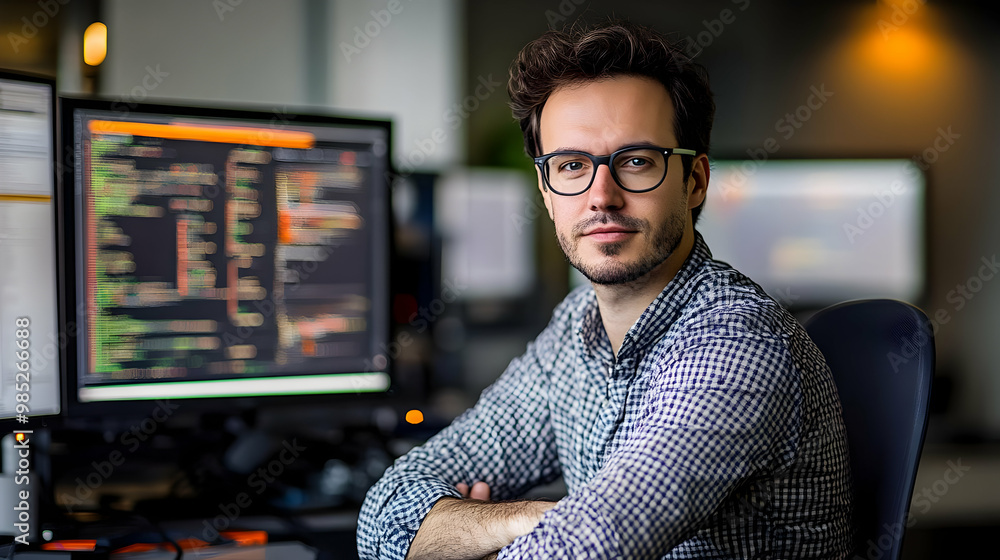 Poster programmer looking at camera at desk
