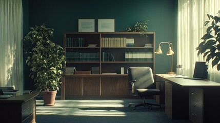 A well-organized office space with bookshelves, plants, and a desk for productive work.