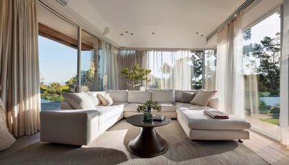  A contemporary villa living room with a sleek, monochromatic design, featuring a modular whi
