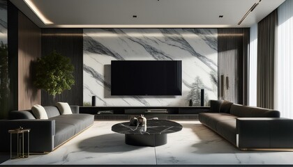  A luxury minimalist living room with a marble accent wall, a slimline black TV mounted flush 