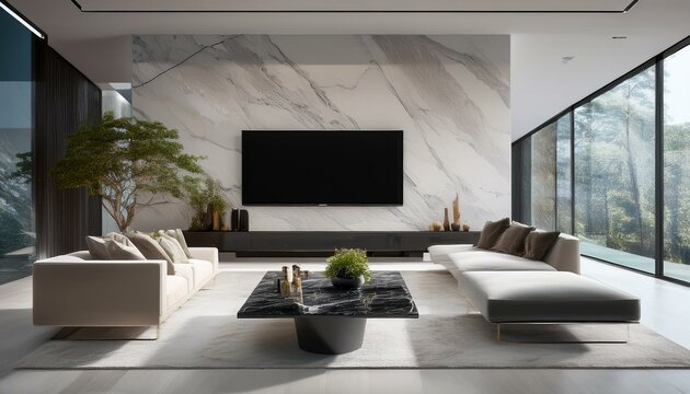  A luxury minimalist living room with a marble accent wall, a slimline black TV mounted flush 