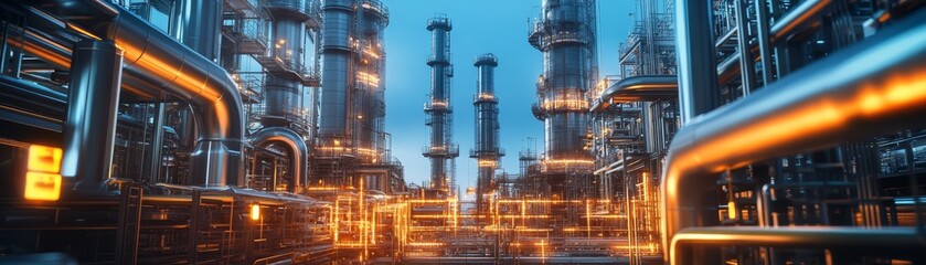 Industrial Plant with Pipelines and Towers at Dusk