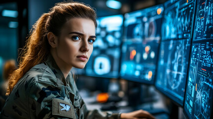 Woman in Military Uniform Looking at Computer Monitors - Realistic Image