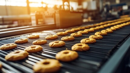 Cookies moving along a conveyor belt in a factory setting during production.