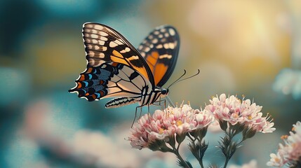 Obraz premium A colorful butterfly with black and orange wings perched on a cluster of delicate pink flowers.