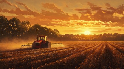 Fototapeta premium Tranquil Sunset Over Harvested Field with Tractor
