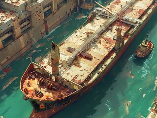 Rusty Ship in Dry Dock - Aerial View