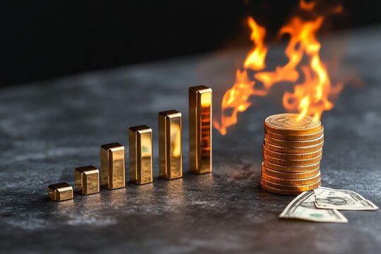 Minimalist bar chart, showing decreasing cash flow over time, with subtle flames appearing in the background
