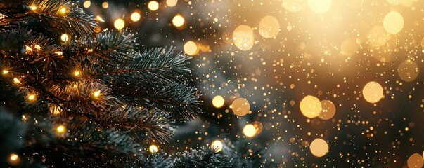Naklejka premium Fairy lights twinkling around a Christmas tree backdrop for a magical holiday glow
