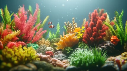 Naklejka premium A vibrant underwater scene with colorful corals and fish.
