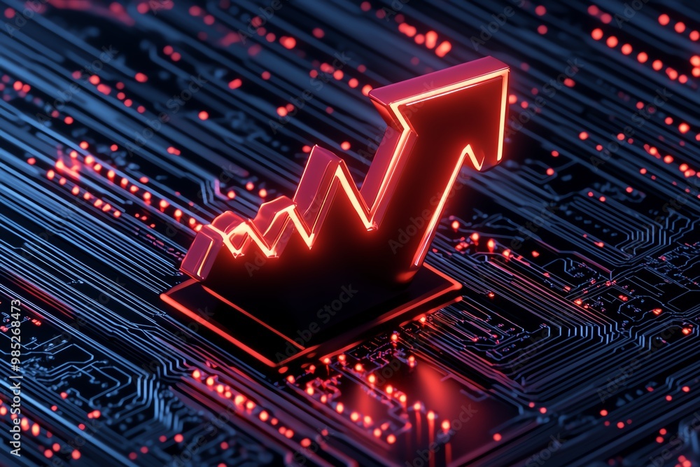 Poster minimalist business accelerator icon, with an upward arrow and glowing lines representing growth and