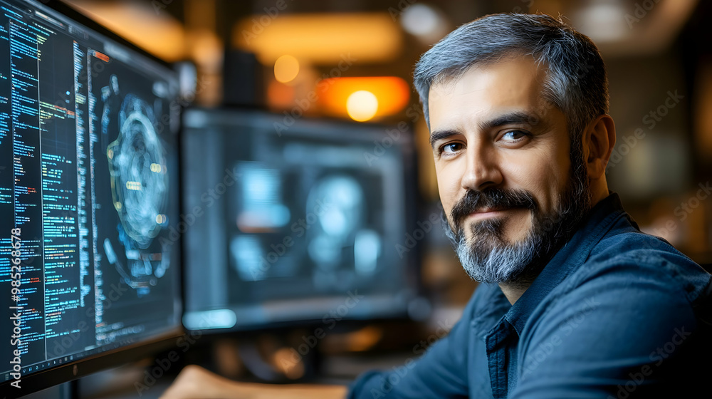 Poster man with grey beard looking at camera sitting in front of computer with code - photo