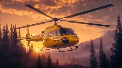 Fototapeta premium Yellow Helicopter Flying at Sunset Over Forested Landscape
