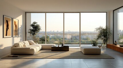Modern living room with large windows and city view.