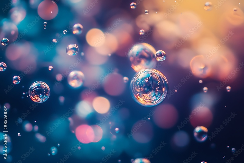 Poster abstract background of colorful water bubbles floating in air with bokeh lights