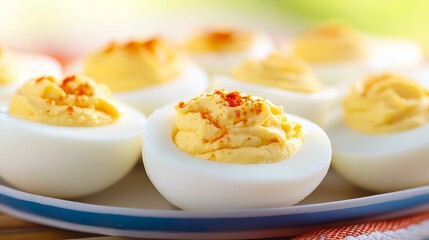 A platter of deviled eggs on an outdoor table ready for a party. 