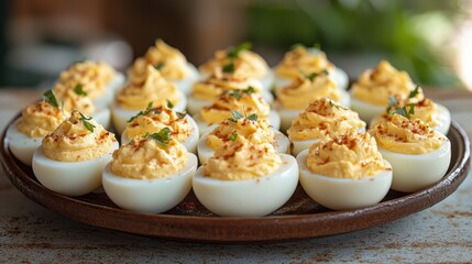 A platter of deviled eggs on an outdoor table ready for a party. 