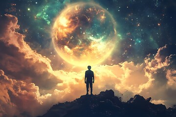 Fototapeta premium Silhouette of a man standing on a hilltop gazing up at a large, celestial moon