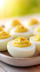 A platter of deviled eggs on an outdoor table ready for a party. 