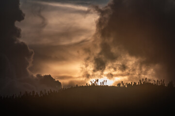 sunrise of intense colors in the silhouettes and figures of the mountain range such as the rocks and the lush vegetation perfect for wallpapers and desktops, encouraging you to travel and discover uni