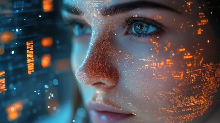 A close-up of a female IT specialistÃ¢â‚¬â„¢s face, illuminated by the ethereal light of floating artificial intelligence code. Her focused gaze and the holographic data surrounding her emphasize the