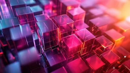A modern abstract background with a digital theme, displaying a mesmerizing pattern of geometric cubes in varying hues. The cubes are arranged in a dynamic, three-dimensional grid, with ample copy