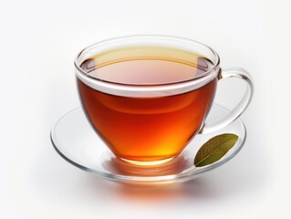 Glass cup contains hot aromatic tea on white background. Tea leaves suspended in liquid. Steam rises from cup. Aromatic flavors and antioxidants in traditional tea.