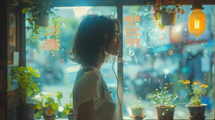 A highly realistic image of a person engaged in Citypop – Listening to music on headphones in a vintage-style café The scene is well-lit, with natural light highlighting the details. The background 