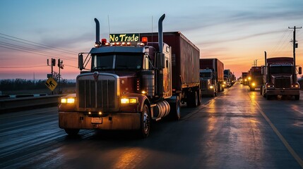 Trucks stopped at a border with large "No Entry" signs, border closure, cross-border trade disruption