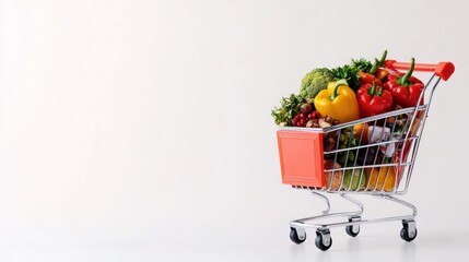 A shopping cart filled with various colorful vegetables and fruits on a light background.