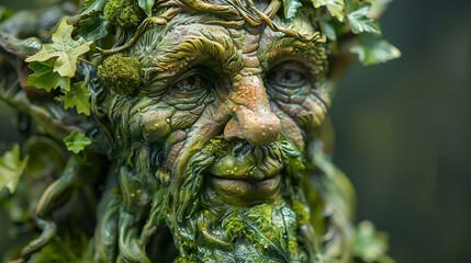 Obraz premium Close-up of a Green Man Sculpture: A Whimsical and Enchanting Fantasy Art