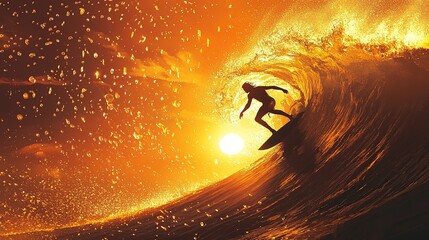 Silhouette of a surfer riding a wave at sunset.