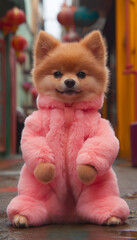 Cute Pomeranian in Pink Fluffy Outfit Posing on Colorful Street