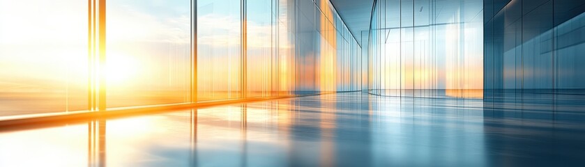Fototapeta premium An eye-catching office banner background with a radiant blur effect, featuring polished glass elements that interact with the light. The bright, contemporary ambiance is amplified by the sleek glass