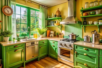 A cozy retro green kitchen adorned with vintage appliances and charming decor creates an inviting atmosphere full of
