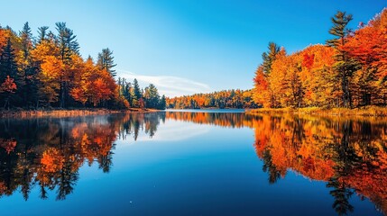Fototapeta premium Tranquil autumn scenery with a serene lake reflecting the vibrant foliage of the surrounding trees.