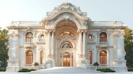 Elegant white mansion with intricate architectural details.