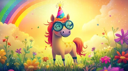 Obraz premium Whimsical Cartoon Pony in a Colorful Landscape