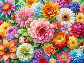 A delightful collection of vibrant watercolor flowers in soft pastels, perfect for creative projects and design