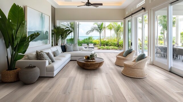 An open concept living room featuring luxury coastal interior design, highlighting stunning SPC flooring. 